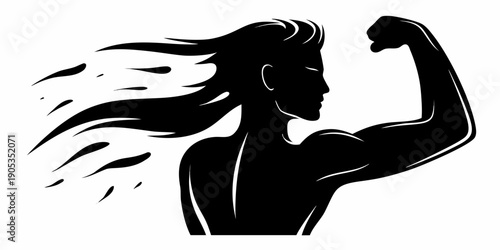 dynamic muscular woman profile silhouette flexing bicep with flowing hair