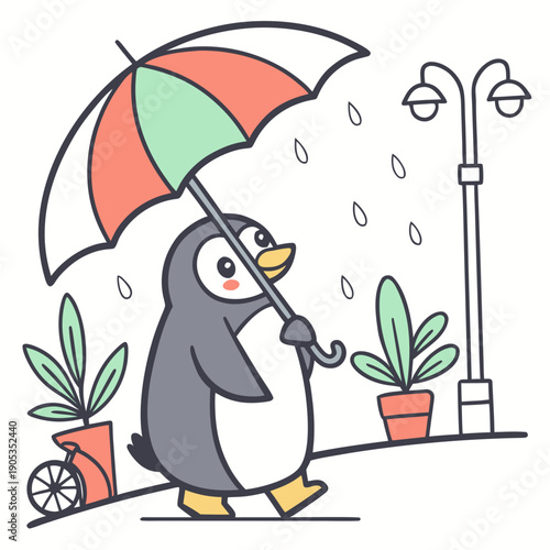 Cute Silly Penguin, accessorized with under an umbrella, in a Urban Jungle world – Urban Jungle palette vector