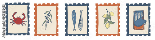 Postage stamp elements with a warm Mediterranean food theme. Suitable for travel, restaurant and packaging design projects.