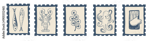 Bright Mediterranean stamp illustrations featuring seafood, citrus, pizza and coastal summer cuisine in vintage style.