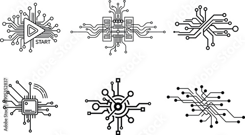 Collection of six technical diagrams with various symbols and lines