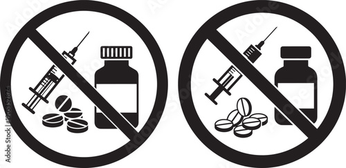 No Drugs Allowed Sign with Syringe, Pills, and Bottle - Addiction Prevention and Health Warning Vector Icons