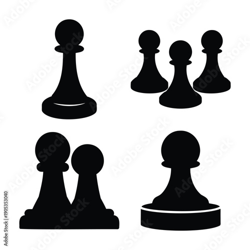 Black chess pawn silhouettes in various arrangements on a clean white background