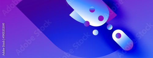 Abstract shapes, vibrant blues, purples create dynamic composition. Smooth gradients suggest depth, movement. Modern design elements present.