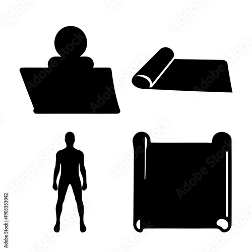 Collection of simple black vector icons: a person at desk, an unrolled mat, a human figure, and a rolled scroll on white