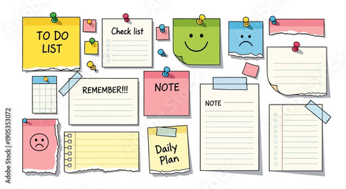 Collection of colorful sticky notes and paper scraps with handwritten notes and drawings