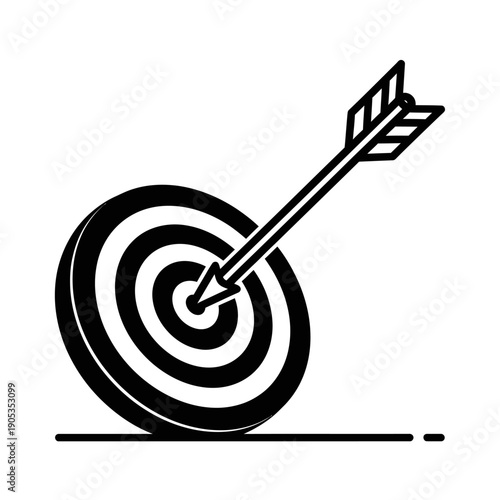 Black and white vector illustration of a bullseye target with an arrow hitting the center.