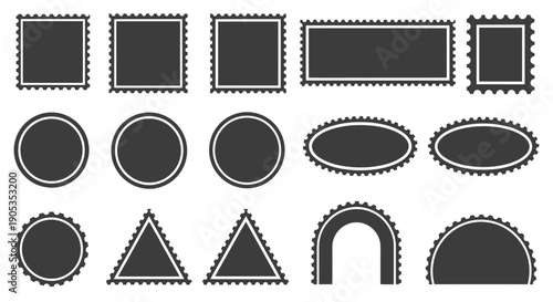 Diverse Collection of Perforated Postage Stamp Shapes and Icons