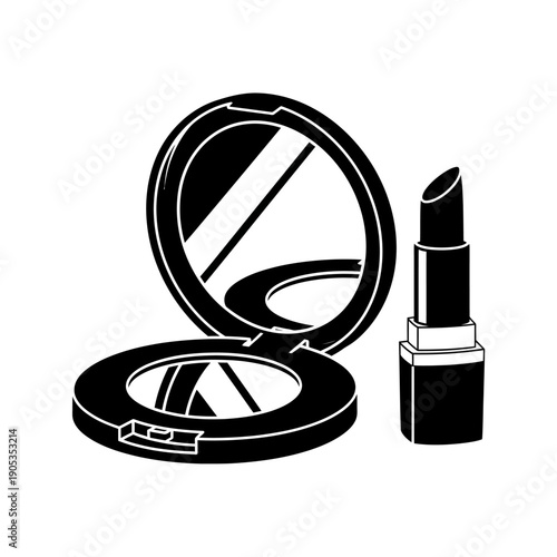 Black and White Illustration of Open Compact Mirror and Lipstick on White Background