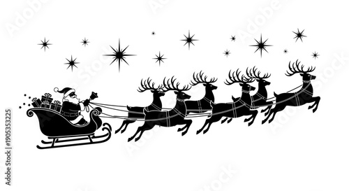Santa Claus Riding Sleigh Pulled by Reindeer Silhouette with Gifts and Stars