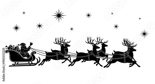 Santa Claus Riding Sleigh Pulled by Reindeer with Gifts on White Starry Background