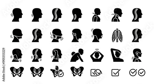 Human Anatomy Icons: Posture, Spine, Pelvis, Ribs, and Health Check Symbols