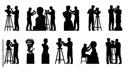 Sculptor Creating Sculpture Art, Silhouette Vector Illustrations of Artists at Work