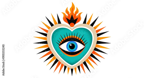 Sacred Heart with All-Seeing Eye and Flames, Mystical Spiritual Symbol