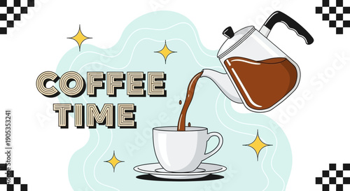 Refreshing Coffee Pouring Into a Cup with Stylish Text "Coffee Time" and Stars