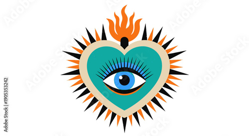 Mystical Flaming Heart with All-Seeing Eye Symbol, Sacred Geometry Design