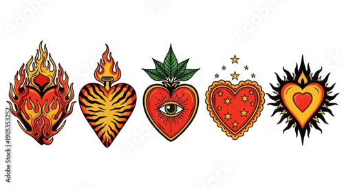 Set of Stylized Sacred Hearts with Flames, Eye, and Stars in Tattoo Style