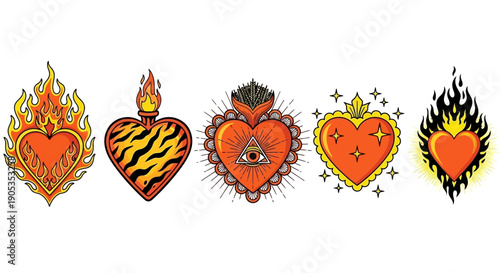 Collection of Flaming and Sacred Hearts with Symbols, Vector Illustrations