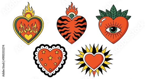 Set of Stylized Sacred Heart Vector Icons with Flames, Stripes, Eye, and Rays