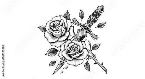 Konstfotografi Dark Rose and Dagger Tattoo Design with Leaves and Drops
