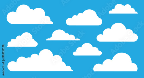 Collection of Fluffy White Cartoon Clouds on a Vibrant Blue Sky Background