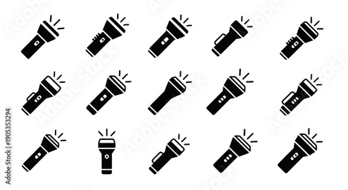 Collection of Black Flashlight Vector Icons - Bright Lighting Equipment Set
