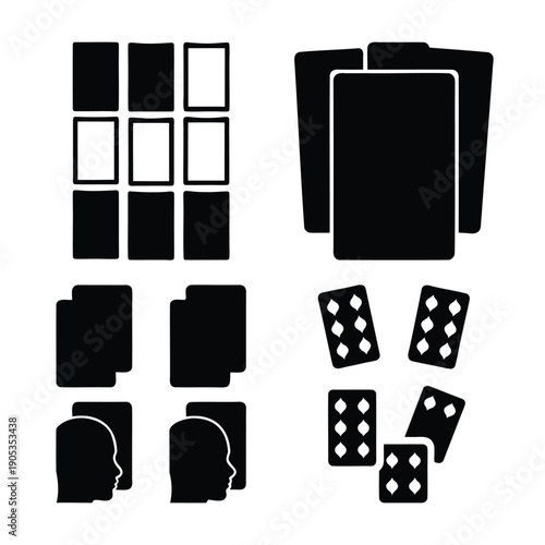 A comprehensive array of card game icons depicting playing cards, stacks, and player profiles for various gaming concepts.