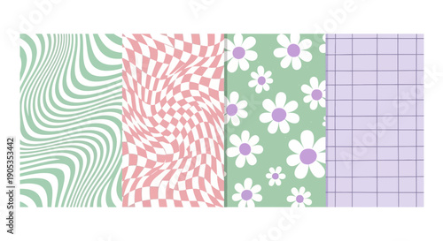 Groovy Retro Y2K Pattern Set: Warped Waves, Checkers, Flowers, and Grid Designs