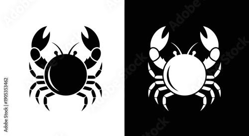 Stylized Crab Icon: Black and White Silhouettes on Contrasting Backgrounds