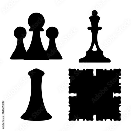 Black silhouette collection of classic chess pieces on a clean white background