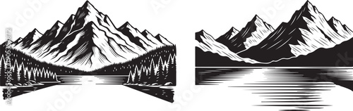 Vintage Mountain Lake Landscape – Black and White Engraving Style Illustration. mountain range landscape illustration reflected in a serene lake a vector design for outdoor adventure and nature themes