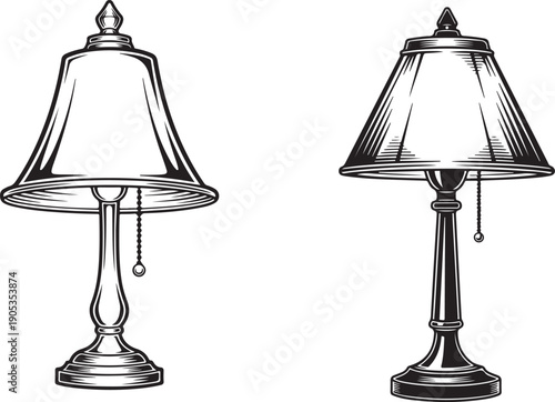 Hand Drawn Table Lamp Sketch Doodle. Black and White Outline Illustration of Desk Light Fixture. Antique table lamp illustrated in black and white with intricate details.