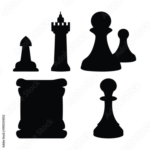 Abstract silhouettes of diverse chess pieces and strategic game elements