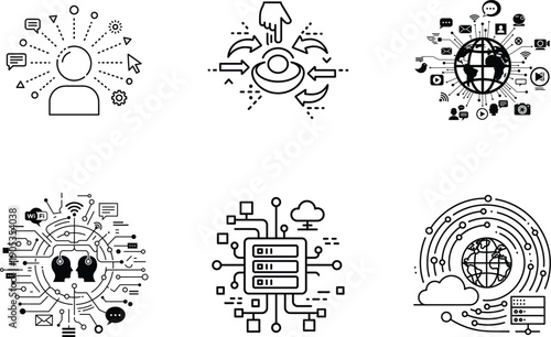 Six abstract technical drawings of mechanical and circuit board designs on a white background