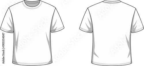 Blank t shirt technical fashion illustration showing front and back views with short sleeves crew neckline isolated on white background for apparel design mockup printing