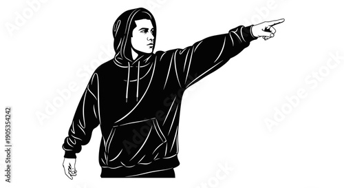 Man in Hoodie Pointing Direction with Determination.