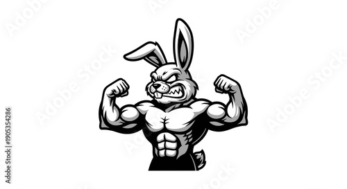 Mascot Muscular Rabbit Flexing Biceps Cartoon Style.