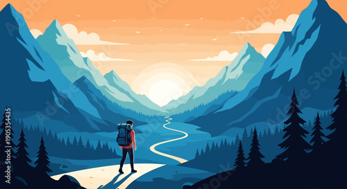 A Lone Traveler Walking Toward the Sunset in the Mountains – Inspirational Adventure Illustration