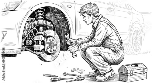 Mechanic working on car wheel and brakes.