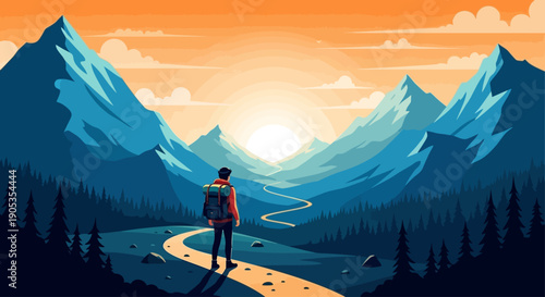 A Lone Traveler Walking Toward the Sunset in the Mountains – Inspirational Adventure Illustration