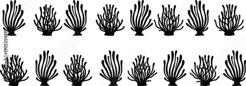 Silhouette of multiple coral reef formations in a repeating pattern on a white background