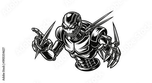 Menacing Robot Warrior with Sharp Claws and Skull Face.