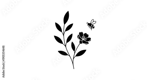 Minimalist Black and White Illustration of a Bee and a Flower.