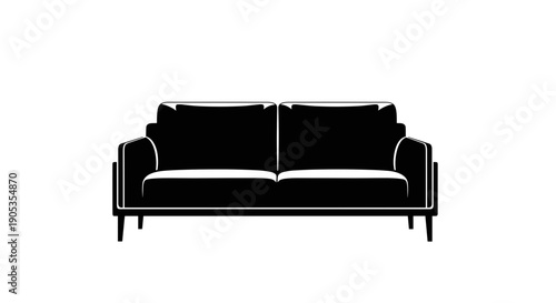 Modern Black Sofa Silhouette Isolated on White Background.
