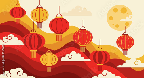 Vibrant Lanterns Suspended Above Rolling Hills Under a Full Moon in a Serene Landscape Illustration