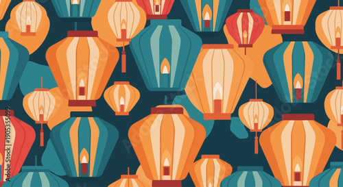 A vibrant pattern of colorful lanterns in various hues and sizes against a dark background