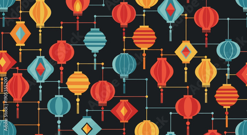 Colorful lanterns and ornaments pattern on a black background viewed from directly above