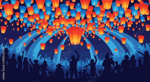 A crowd releases vibrant lanterns into the night sky, creating a mesmerizing display of color and light, captured from a low angle