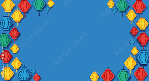 Colorful umbrellas arranged symmetrically around a blue background, viewed from directly above, creating a vibrant display