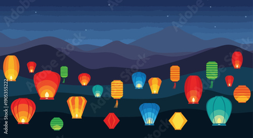 Colorful lanterns floating above mountains at dusk with stars appearing in the night sky illustration